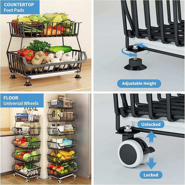 Wisdom Star 5 Tier, Kitchen Fruit Vegetable Storage Cart, Vegetable Basket Bins for Onions and Potatoes, Wire Storage Organizer Utility Cart with Wheels, Black - LeafyLoom