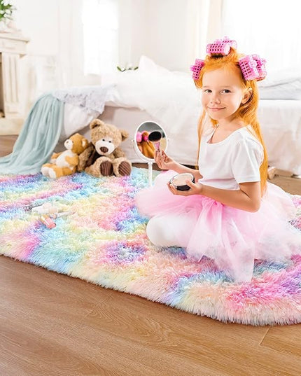 Noahas Rainbow Rug for Kids Room,Fluffy Rugs for Bedroom,2'X 5' Oval Ultra Soft Bedroom Rugs,Small Throw Rugs, Kids Room Carpet Modern Shaggy Area Rugs Home Decor - LeafyLoom