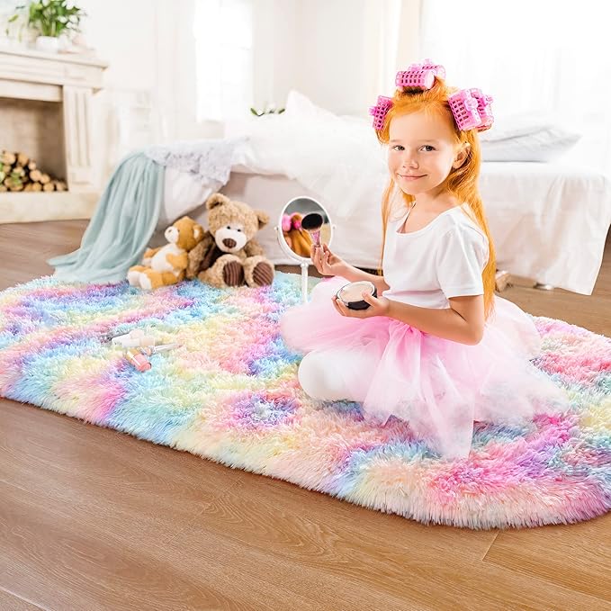 Noahas Oval Fluffy Rainbow Rug 2.6X5.3 Small Kids Rugs for Bedroom Girls And Boys Aesthetic,Bedside Bedroom Rug,Ultra Soft Runner Carpet Modern Shaggy Nursery Area Rugs Home Decor - LeafyLoom
