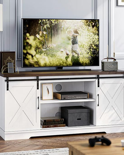 IDEALHOUSE Farmhouse TV Stand for 65 Inch TV Entertainment Center TV Media Console Table, Barn Door TV Stand with Storage and Shelves, Tall Modern TV Console Table Furniture for Living Room (White) - LeafyLoom
