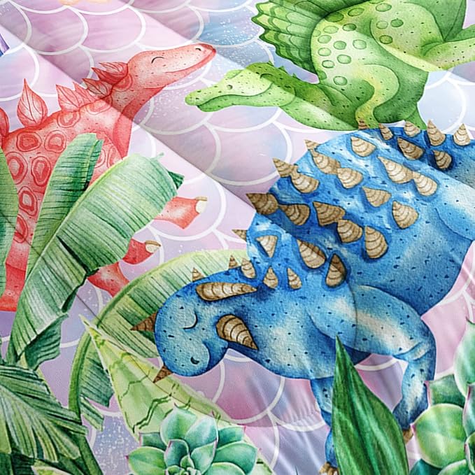 Datura home Kids Dinosaur Comforter Set for Girls Women,Cute Mermaid Scales and Rainbow Cloud Printed Pattern Kawaii Dinosaur Bedding Set with 2 Pillowcases(Dinosaur Rainbow Twin) - LeafyLoom