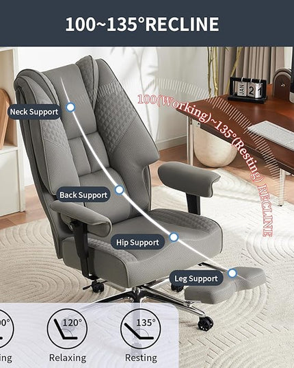 Big and Tall Office Chair 400lbs Wide Seat, Mesh High Back Executive Office Chair with Foot Rest, Ergonomic Office Chair Lumbar Support for Lower Back Pain Relief (Mesh Light Grey) - LeafyLoom