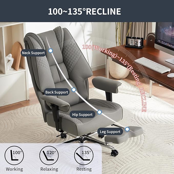 Big and Tall Office Chair 400lbs Wide Seat, Mesh High Back Executive Office Chair with Foot Rest, Ergonomic Office Chair Lumbar Support for Lower Back Pain Relief (Mesh Light Grey) - LeafyLoom