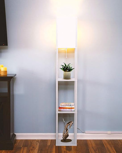 Brightech Maxwell - Modern Shelf Floor Lamp with Lamp Shade and LED Bulb - Corner Display Floor Lamps with Shelves for Living Room, Bedroom and Office - White - LeafyLoom