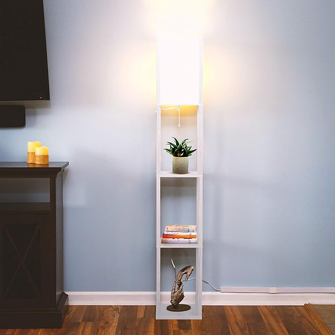 Brightech Maxwell - Modern Shelf Floor Lamp with Lamp Shade and LED Bulb - Corner Display Floor Lamps with Shelves for Living Room, Bedroom and Office - White - LeafyLoom