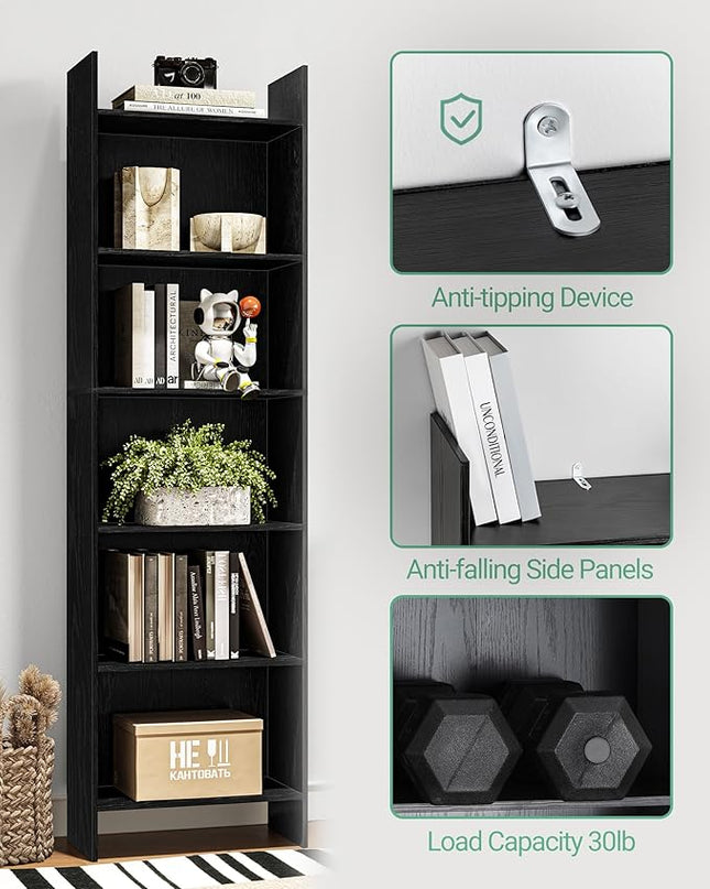 6-Tier Bookshelf, 66.9 Inches Floor Standing Bookcase, Display Storage Shelf, Corner Shelf, Home Decor Furniture for Home Office, Living Room, Bedroom, Black 01104XBC - LeafyLoom