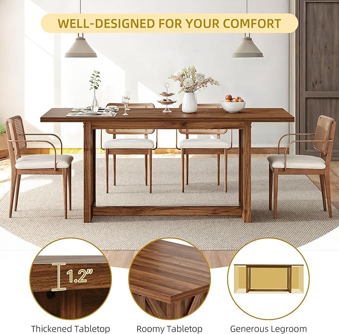 YITAHOME 70.8" Large Farmhouse Dining Table for 6 to 8 People, Rustic Style Wood Dinner Table, Rectangular Dining Table for Kitchen, Dining Room & Living Room, Brown - LeafyLoom