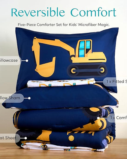 Joiedomi Kid Twin Comforter Set - 5 Piece Construction Vehicle Bedding Set for Boys/Girls - Super Soft Microfiber Bed in a Bag with Comforter, Sheets, Pillowcase & Sham - LeafyLoom