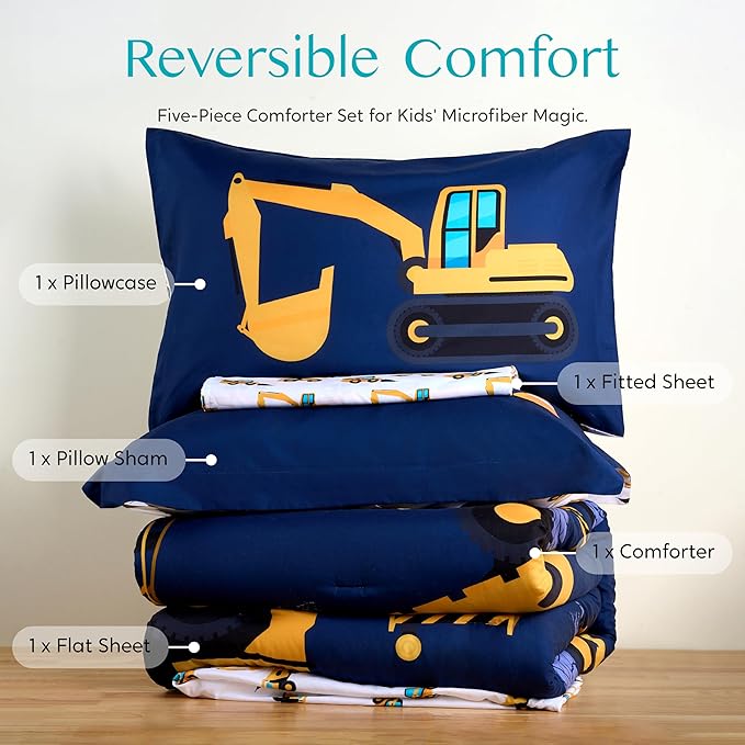 Joiedomi Kid Twin Comforter Set - 5 Piece Construction Vehicle Bedding Set for Boys/Girls - Super Soft Microfiber Bed in a Bag with Comforter, Sheets, Pillowcase & Sham - LeafyLoom