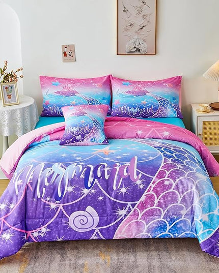 URBONUR 6Pcs Twin Bedding Set for Girls Gradient Purple Blue Mermaid Printed Comforter Set for Twin Bed, Teen Girls Comforter with Sheet Set - Bed in a Bag, Soft and Easy Care Bed Set - LeafyLoom