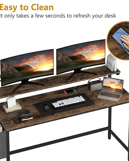 Shintenchi 55 inch Computer Desk with Monitor Stand, Stable Design Writing Desk, Study Workstation Home Office Table with Storage Bag & Hook, Vintage Brown - LeafyLoom