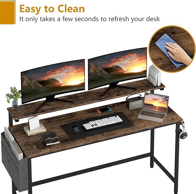 Shintenchi 55 inch Computer Desk with Monitor Stand, Stable Design Writing Desk, Study Workstation Home Office Table with Storage Bag & Hook, Vintage Brown - LeafyLoom
