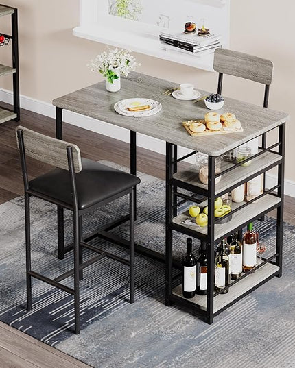 GAOMON Dining Table Set for 2, Kitchen Table and Chairs for 2 with Upholstered Chairs, 3 Piece Counter Height Bar Kitchen Table Set with 3 Storage Shelves for Small Space, Apartment, Rustic Gray - LeafyLoom