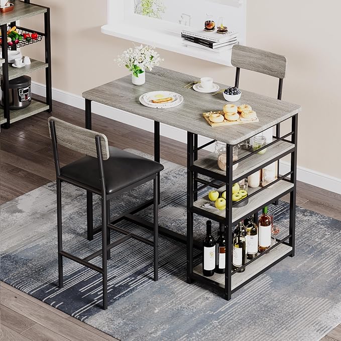 GAOMON Dining Table Set for 2, Kitchen Table and Chairs for 2 with Upholstered Chairs, 3 Piece Counter Height Bar Kitchen Table Set with 3 Storage Shelves for Small Space, Apartment, Rustic Gray - LeafyLoom