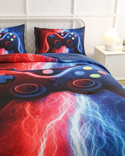 Meeting Story Gamer Gaming Bedding Sets Tie Dye Lightnings Gamepad Comforter Set for Boys Games Console Action Buttons Novelty Colorful Modern Room Decor Home Quilt Set (Twin, Red-Blue) - LeafyLoom