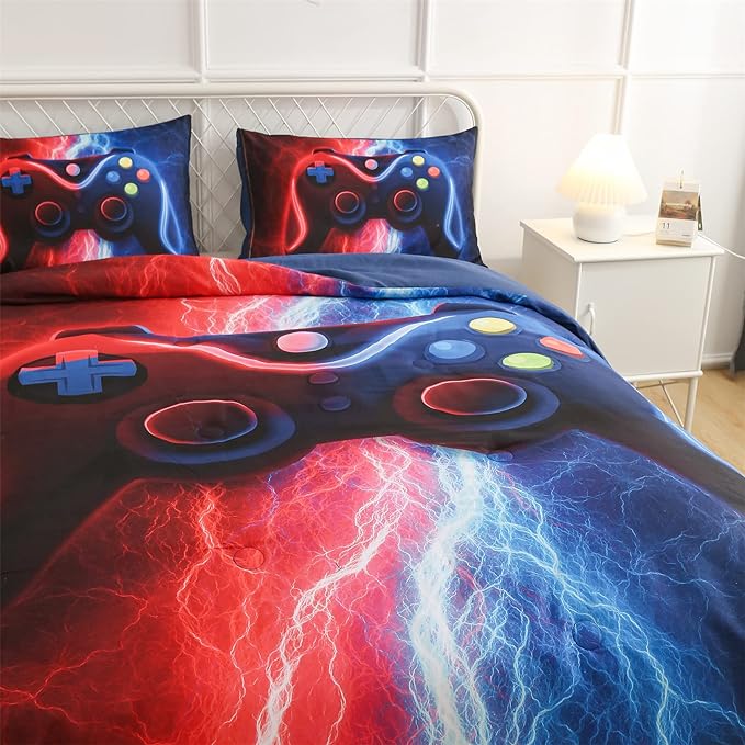 Meeting Story Gamer Gaming Bedding Sets Tie Dye Lightnings Gamepad Comforter Set for Boys Games Console Action Buttons Novelty Colorful Modern Room Decor Home Quilt Set (Twin, Red-Blue) - LeafyLoom