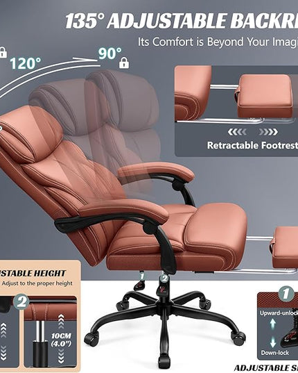 Office Chair, Executive Leather Chair Big and Tall Ergonomic Computer Desk Chair, Comfy Swivel Rolling Reclining Lumbar Support Task Chair with Adjustable High Back Foot Rest for Home Gaming - LeafyLoom