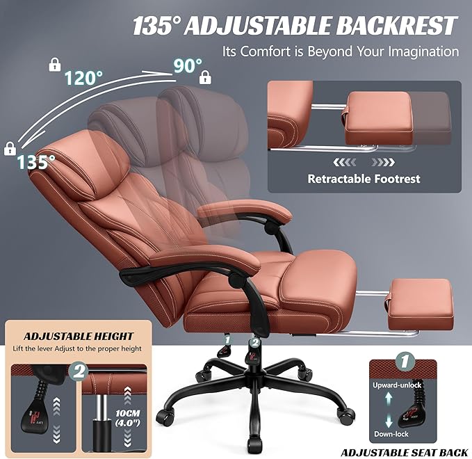 Office Chair, Executive Leather Chair Big and Tall Ergonomic Computer Desk Chair, Comfy Swivel Rolling Reclining Lumbar Support Task Chair with Adjustable High Back Foot Rest for Home Gaming - LeafyLoom