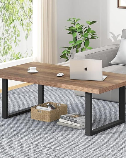 IBF Farmhouse Coffee Table, Modern Minimalist Wood Coffee Table for Living Room, Simple Industrial Rectangle Center Table, Wood and Metal Tea Coffee Table for Home Bedroom Office, Rustic Oak, 47 inch - LeafyLoom