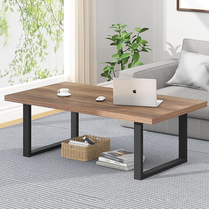 IBF Farmhouse Coffee Table, Modern Minimalist Wood Coffee Table for Living Room, Simple Industrial Rectangle Center Table, Wood and Metal Tea Coffee Table for Home Bedroom Office, Rustic Oak, 47 inch - LeafyLoom