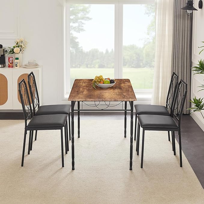 VECELO 5 Pieces Sets,43.3" Table&Chairs for 4,Industrial Counter Height Tabletop with Bar Stools, Rectangle Breakfast Chairs, Living Room, Apartment, Dining Table for 4, Brown 1 - LeafyLoom