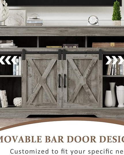 Farmhouse TV Stand with Sliding Barn Door for TVs up to 65+ Inch, 34" Tall Entertainment Center, Wood Media Console Storage Cabinet for Bedroom, Living Room, Light Grey - LeafyLoom