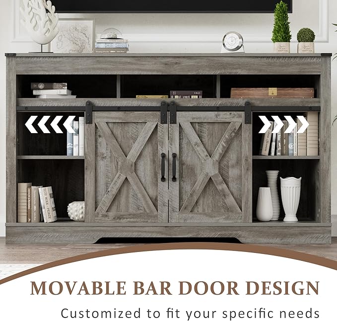 Farmhouse TV Stand with Sliding Barn Door for TVs up to 65+ Inch, 34" Tall Entertainment Center, Wood Media Console Storage Cabinet for Bedroom, Living Room, Light Grey - LeafyLoom