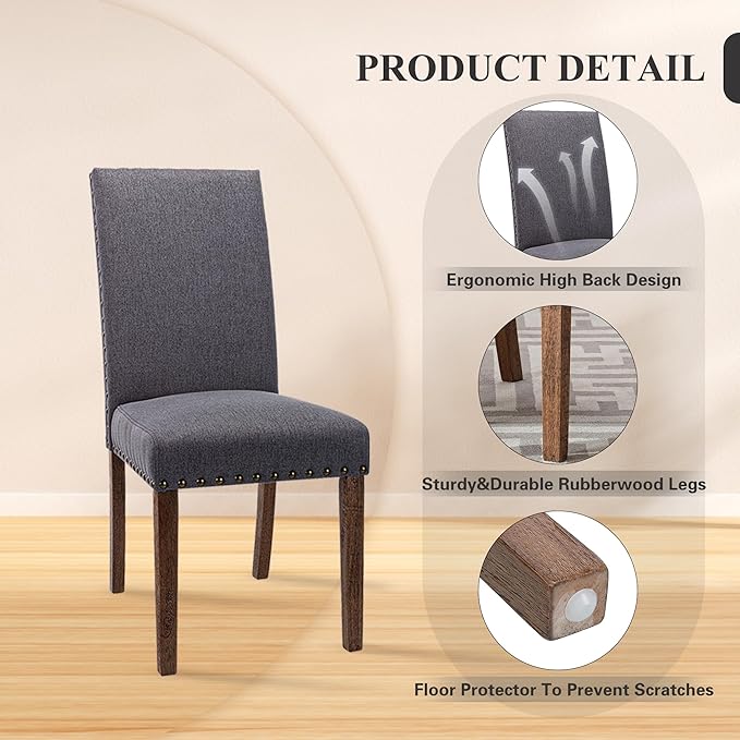 COLAMY Modern Wood Dining Chairs Set of 6, Parsons Dining Chairs, 19 Inch Padded Dining Chairs with Nailed Trim for Kitchen Dining Living Room, Grey - LeafyLoom