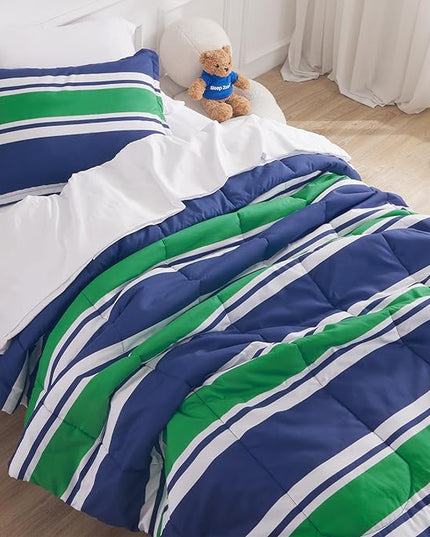 SLEEP ZONE Kids Rugby Twin Bedding Comforter Set - Super Cute & Soft Kids Bedding 5 Pieces Set with Comforter, Sheet, Pillowcase & Sham (Rugby Stripe Navy/Green) - LeafyLoom