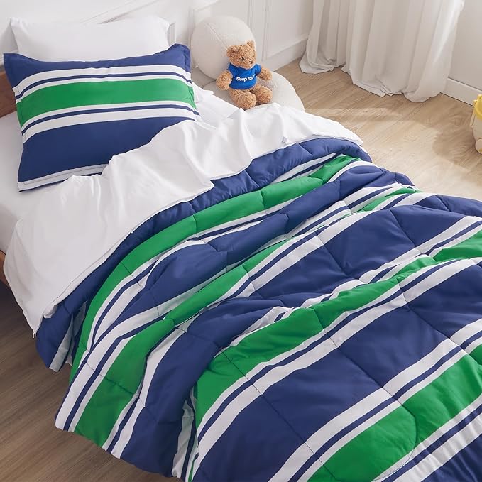 SLEEP ZONE Kids Rugby Twin Bedding Comforter Set - Super Cute & Soft Kids Bedding 5 Pieces Set with Comforter, Sheet, Pillowcase & Sham (Rugby Stripe Navy/Green) - LeafyLoom