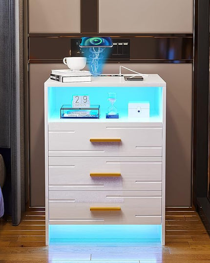 HNEBC RGB LED Nightstand with Wireless Charging Station, Smart Night Stand with Motion Sensor Lights, High Gloss White Nightstand with 3 Drawers for Bedroom, Modern Bedside Tables (A White) - LeafyLoom
