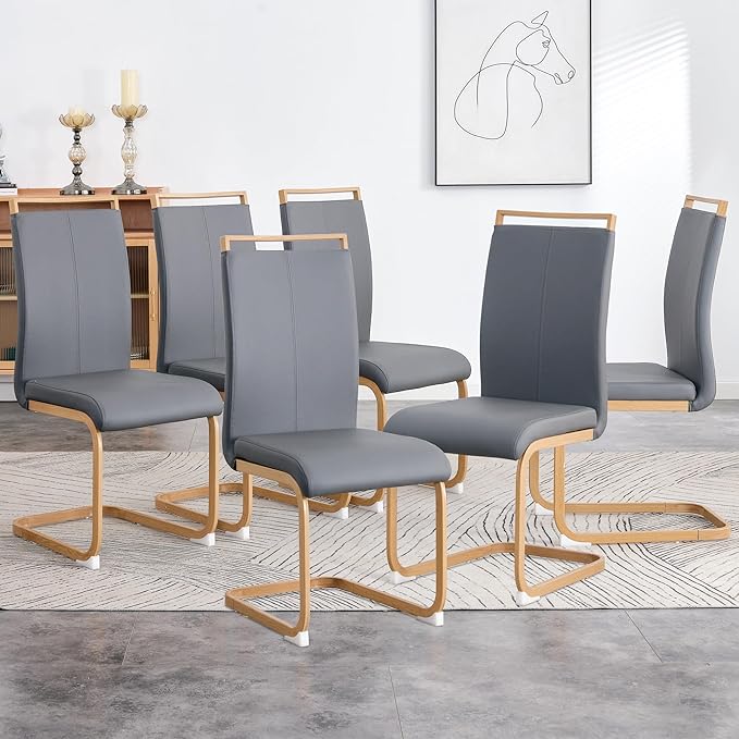 Dining Chairs Set of 6,High Back Grey Kitchen Chairs,Faux Leather Side Chair with Woodgrain Coloured Metal Legs,Easy to Clean Modern Upholstered Dining Chairs,Ideal for Living Room - LeafyLoom