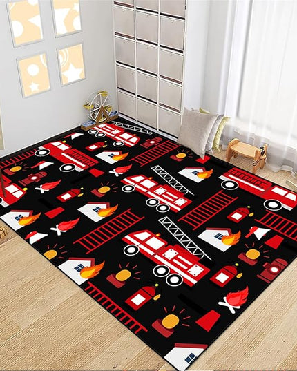 Car Play Rug Fire Fighting Truck Area Rug Car Rug Play Mat Kids Rugs for Playroomcar Rug for Boys Room Carpet Floor Mat for Bedroom Living Room,Black 3'×4' - LeafyLoom
