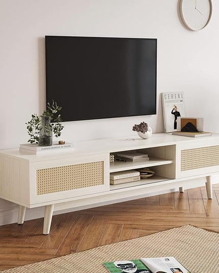 STARY 65''Mid Century Modern TV Stand,Boho Media Console Entertainment Center with Cable Management for Living Room, White - LeafyLoom