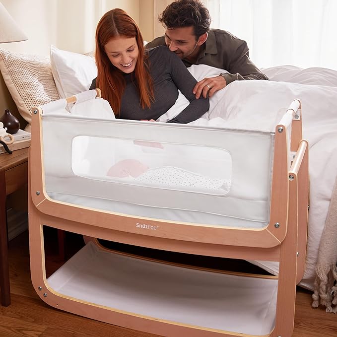 SnuzPod4, Bassinet Bedside Sleeper - Safe and Comfortable Baby Crib and Bed, 3D Breathable Mattress, Fits Bed with Adjustable Max. Height of 28.5”, Machine Washable Mesh Liner (Natural) - LeafyLoom