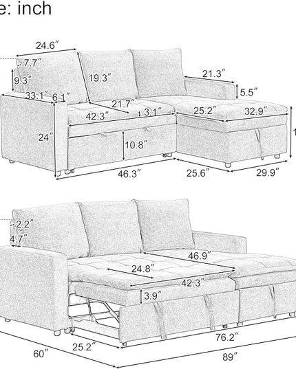 89'' L Shaped Upholstered Convertible Sleeper Sectional Sofa with Storage Chaise and Pull-Out Bed, 3-Seat Reversible Corner Couches for Living Rooms, Offices, Apartment, Blue, 89 Inch - LeafyLoom