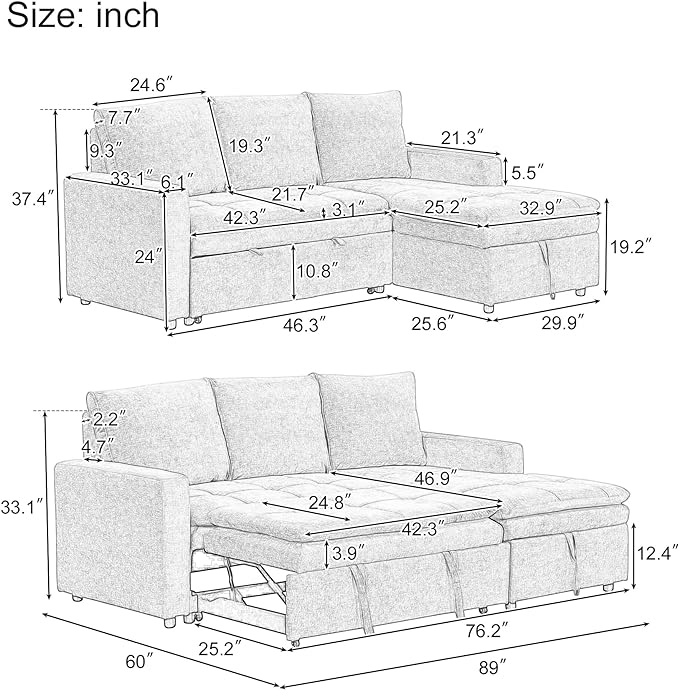 89'' L Shaped Upholstered Convertible Sleeper Sectional Sofa with Storage Chaise and Pull-Out Bed, 3-Seat Reversible Corner Couches for Living Rooms, Offices, Apartment, Blue, 89 Inch - LeafyLoom