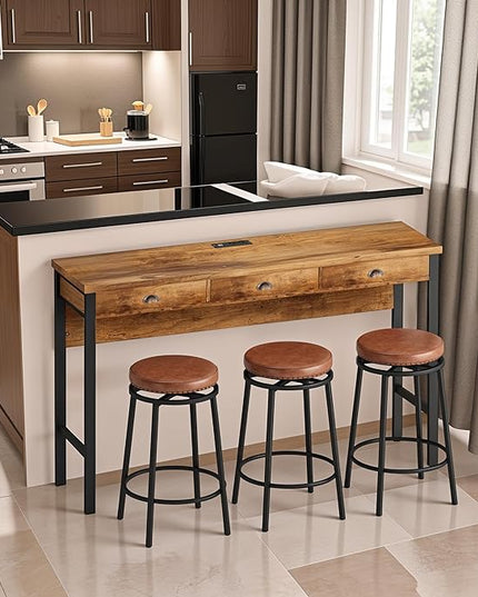 NicBex Modern Dining Table Counter Height Dining Table Set 3-Drawer Long Dining Table Set, Bar Kitchen Table Set with Circular Pu Stools for Dining Room, Living Room, Easy Assemble, Brown - LeafyLoom