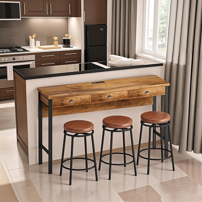 NicBex Modern Dining Table Counter Height Dining Table Set 3-Drawer Long Dining Table Set, Bar Kitchen Table Set with Circular Pu Stools for Dining Room, Living Room, Easy Assemble, Brown - LeafyLoom