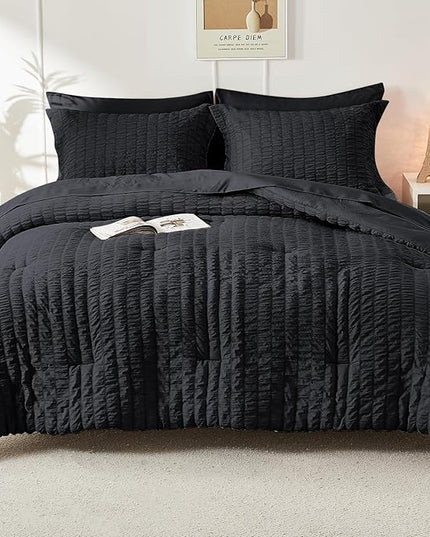 HYMOKEGE Seersucker Twin Comforter Set 3 Pieces, Lightweight Comforter Sets for Bedding, Bed Set with 1 All Season Soft Down Alternative Comforter and 2 Pillow Shams, Black - LeafyLoom