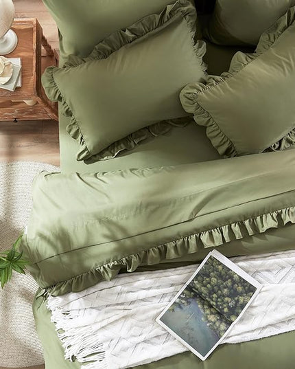 Anluoer Queen Comforter Set 7 Piece, Olive Green Bed in a Bag with Sheets, All Season Ruffle Shabby Chic Bedding Sets with 1 Comforter, 2 Pillow Shams, 2 Pillowcases, 1 Flat Sheet, 1 Fitted Sheet - LeafyLoom