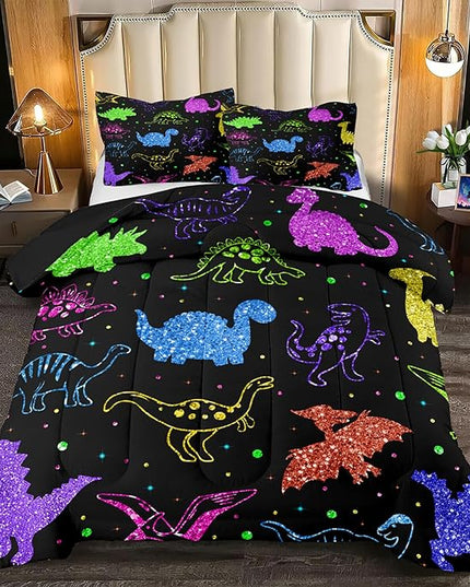 Dinosaur Kids Bedding Sets for Boys, Cartoon Dinosaur Comforter Sets Queen Size Colorful Dinosaur Bedding Soft Breathable Dinosaur Quilt for All Season (1 Comforter 2 Pillowcase) - LeafyLoom