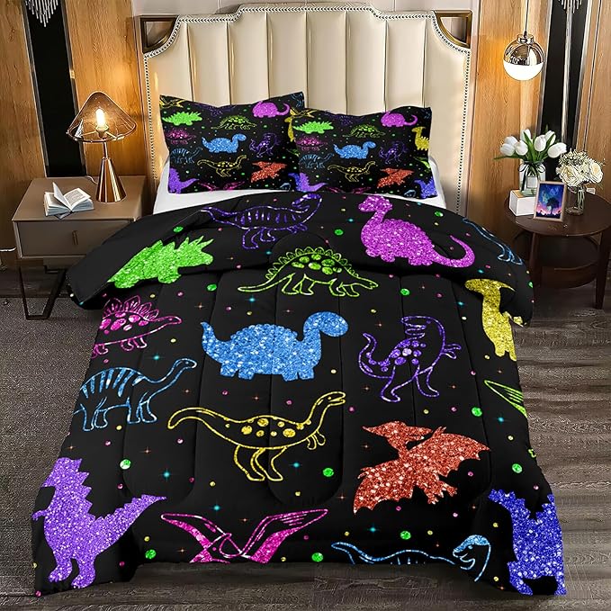 Dinosaur Kids Bedding Sets for Boys, Cartoon Dinosaur Comforter Sets Queen Size Colorful Dinosaur Bedding Soft Breathable Dinosaur Quilt for All Season (1 Comforter 2 Pillowcase) - LeafyLoom