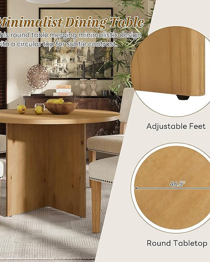 Modern Round Pedestal Kitchen 4 Upholstered Chairs, Rubber Wood, Easy Assembly, for Studio, Apartment, Small Places, Room, 5 Piece Dining Table Set, Natural 15 - LeafyLoom