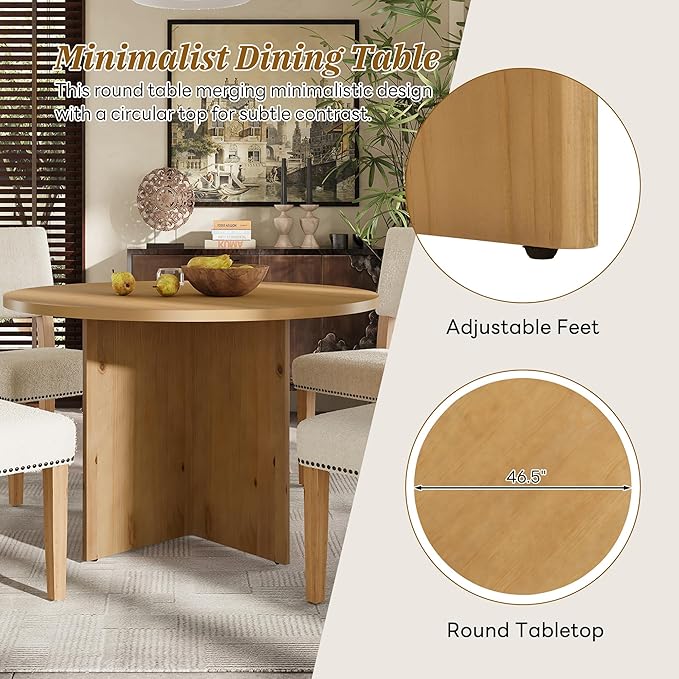 Modern Round Pedestal Kitchen 4 Upholstered Chairs, Rubber Wood, Easy Assembly, for Studio, Apartment, Small Places, Room, 5 Piece Dining Table Set, Natural 15 - LeafyLoom