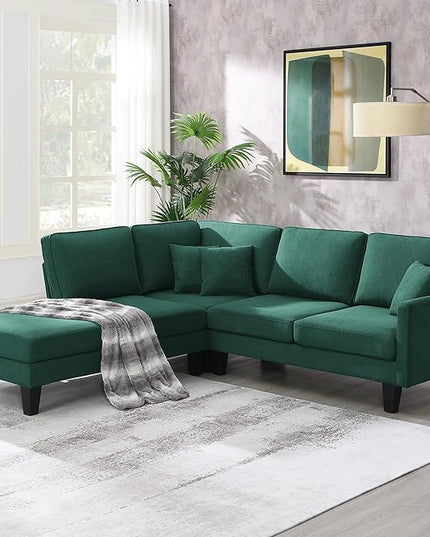 90" Modern L-Shape Sectional Sofa with Chaise Lounge,5-Seat Practical Couch Set W/ 3 Pillows,7''Leg Height,Minimalist Style,Indoor Furniture for Living Room Apartment Office,Green Terrycloth - LeafyLoom