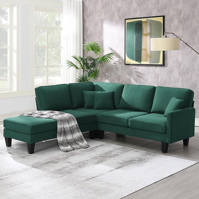 90" Modern L-Shape Sectional Sofa with Chaise Lounge,5-Seat Practical Couch Set W/ 3 Pillows,7''Leg Height,Minimalist Style,Indoor Furniture for Living Room Apartment Office,Green Terrycloth - LeafyLoom