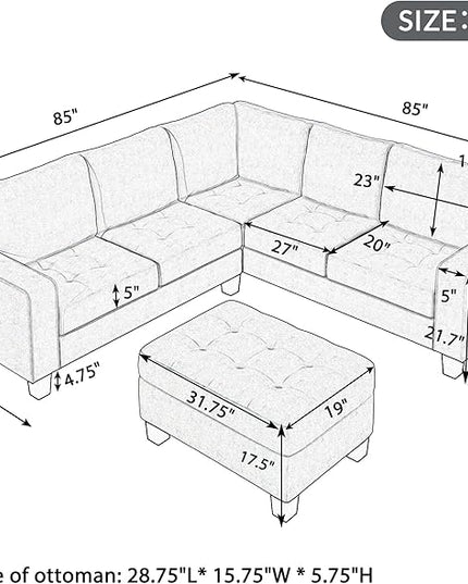 85" L-Shape Sectional Corner Sofa with Storage Ottoman, Modern Linen Upholstered Couch w/Convenient Cup Holder, for Living Room, Apartment, 85 Inch, Light Gray - LeafyLoom