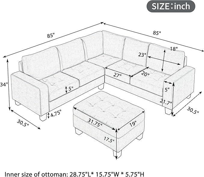 85" L-Shape Sectional Corner Sofa with Storage Ottoman, Modern Linen Upholstered Couch w/Convenient Cup Holder, for Living Room, Apartment, 85 Inch, Light Gray - LeafyLoom