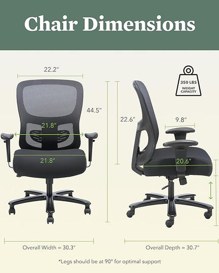 HON Sadie Big and Tall Office Chair, Ergonomic Office Chair with Mesh Back, Lumbar Support, Home Office Desk Chairs, 400 lb Max, Black - LeafyLoom